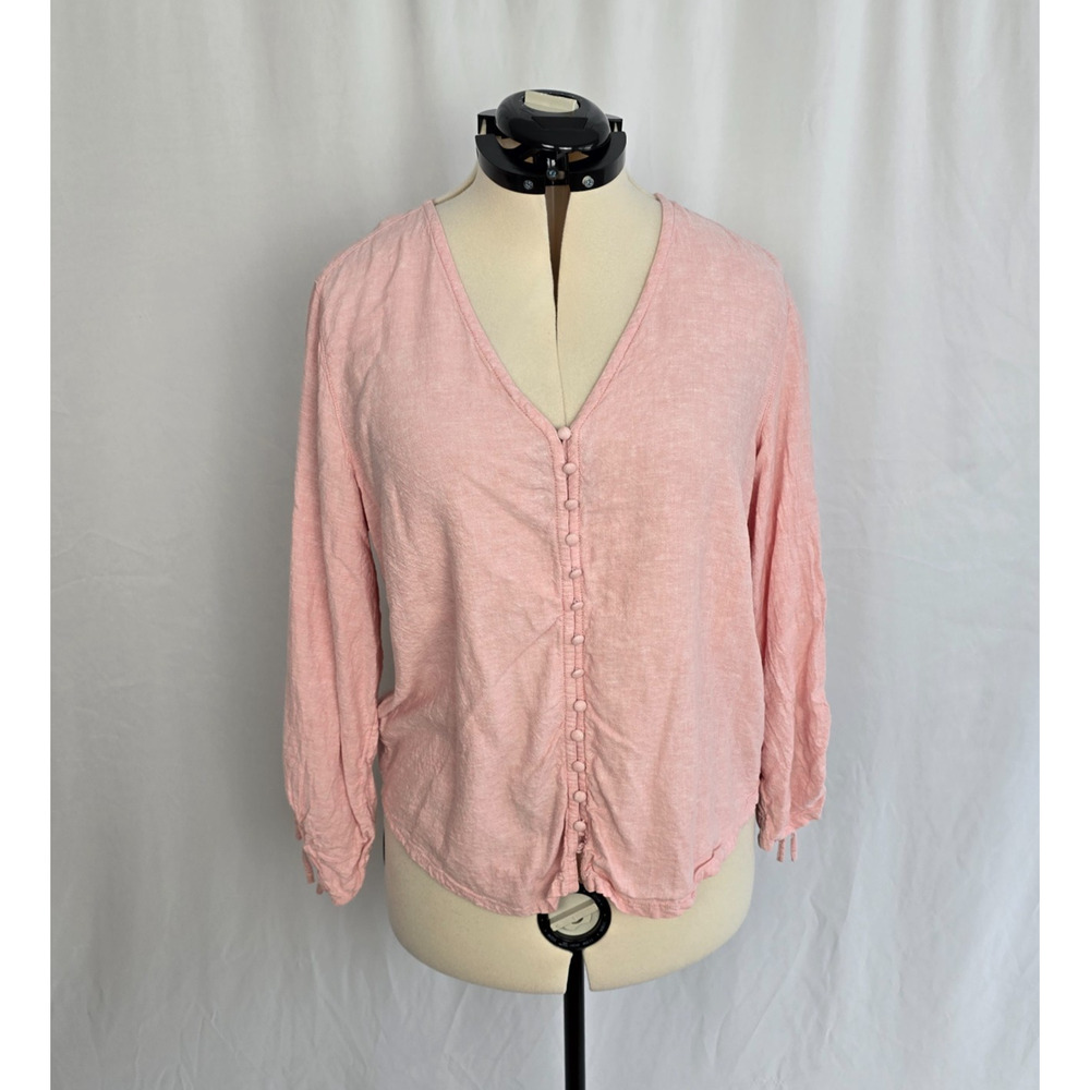Cynthia Rowley Button Down Blouse Women's L Pink Peach Linen Blend